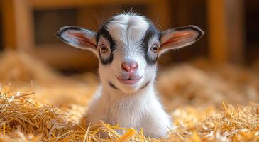 A baby goat is sitting in a pile of hay. The goat is smiling and looking at the camera photo