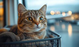 A cat is sitting in a basket with a blanket. The cat is looking at the camera with a curious expression photo