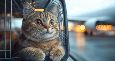 A cat is sitting in a cage in front of an airplane. The cat is looking out the window, watching the plane take off. The scene is peaceful and calming, as the cat seems to be enjoying the view photo