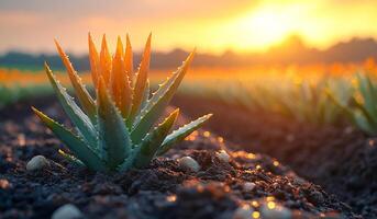 A small plant is growing in a field with a beautiful sunset in the background. The plant is surrounded by dirt and rocks, and it is a cactus. Concept of tranquility and natural beauty photo