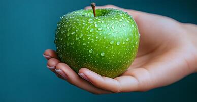A hand holding a green apple with water droplets on it. The apple is fresh and healthy, and the water droplets give it a shiny appearance photo