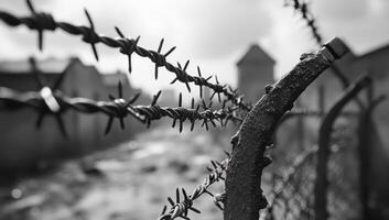 A fence with barbed wire on top of it. The fence is in front of a building photo