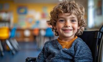 A young boy with curly hair is sitting in a wheelchair and smiling. The room is filled with chairs and a desk photo