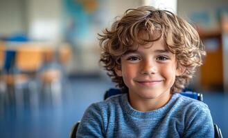A young boy with curly hair is smiling and sitting in a wheelchair. The scene takes place in a classroom, with chairs and a dining table visible in the background photo
