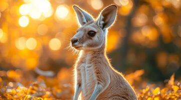 A kangaroo is standing in the grass with its head up. The sun is shining on it, creating a warm and inviting atmosphere photo
