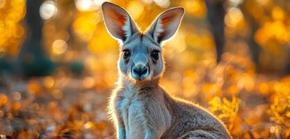 A kangaroo is sitting on the ground in a forest. The sun is shining on it, making it look warm and inviting photo