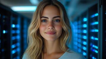 A woman with blonde hair and blue eyes is smiling at the camera. She is wearing a white shirt and standing in front of a blue wall photo