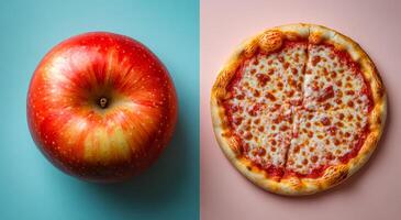 A slice of pizza and an apple are shown side by side. The apple is red and shiny, while the pizza is covered in cheese and has a crust. Concept of contrast between healthy and indulgent foods photo