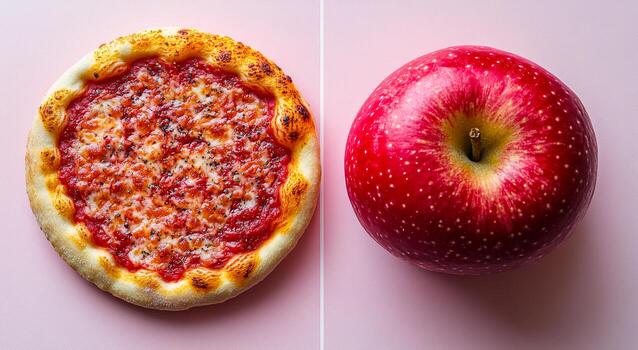 A slice of pizza and an apple side by side. The pizza slice is covered in cheese and tomato sauce, while the apple is red and has a stem photo