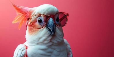 A white parrot wearing red glasses. The parrot is standing on a pink background. The image has a playful and whimsical mood photo