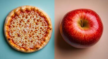A pizza and an apple are shown side by side. The pizza is covered in cheese and has a crust, while the apple is red and shiny. Concept of contrast between the two foods photo
