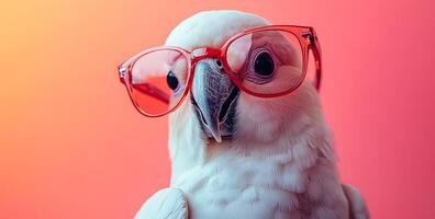 A white parrot wearing red glasses. The parrot is looking at the camera. The image has a playful and lighthearted mood photo