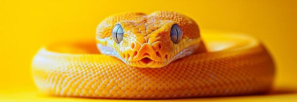 A yellow snake is laying on its side on a yellow background. The snake is looking at the camera photo