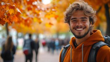 A young man wearing a hoodie and backpack is smiling for the camera. He is surrounded by other people, some of whom are carrying backpacks as well. The scene appears to be a casual outdoor setting photo