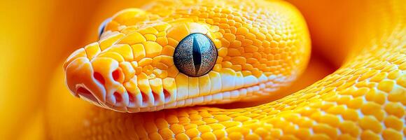 A yellow snake with black eyes is curled up on its side. The snake's eyes are large and prominent, drawing attention to them. The yellow color of the snake contrasts with the black eyes photo