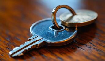 A key is on a table with a coin on top of it. The key is silver and has a hole in it photo