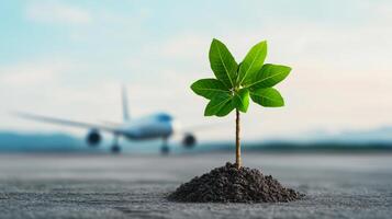 A small green tree is growing in a dirt patch next to an airplane. Concept of hope and growth, as the tree represents new life and the airplane symbolizes travel and exploration photo