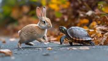 A rabbit and a turtle are playing together. The rabbit is running away from the turtle. The scene is playful and lighthearted photo