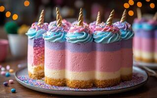 A unicorn cake with blue, pink and purple frosting. The cake is cut in half and has a unicorn on top photo