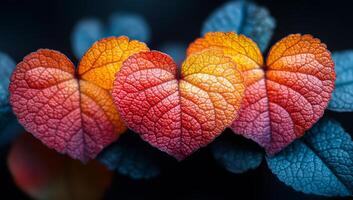 Three leaves with red and orange veins are arranged in a heart shape. The leaves are surrounded by a blue background. Concept of warmth and love, as the heart shape photo