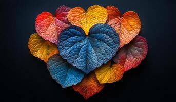 A collection of colorful leaves arranged in a heart shape. The leaves are of different colors and sizes, creating a vibrant and lively scene photo