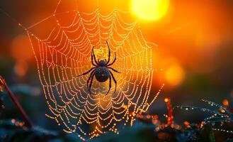 A spider is sitting in the center of a web. The web is very intricate and has a lot of detail. The spider is surrounded by a lot of water droplets, which gives the image a dreamy photo