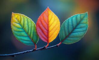Three leaves are on a branch, one is green, one is red, and one is yellow. The leaves are arranged in a way that they look like they are smiling at the viewer. The colors of the leaves are vibrant photo