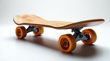 A wooden skateboard with orange wheels. The skateboard is sitting on a white surface. The skateboard is not in use photo