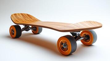 A wooden skateboard with yellow wheels. The skateboard is sitting on a white background. The skateboard is not in use photo