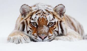 A tiger is laying in the snow with its eyes closed. The tiger is looking at the camera photo