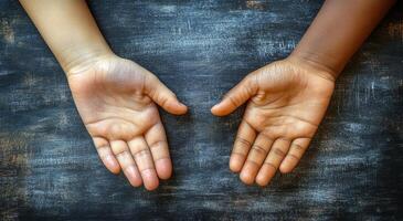Two hands are shown, one of which is black and the other is white. The hands are touching each other, and the image conveys a sense of unity and connection photo