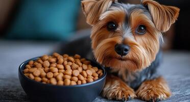 A small dog is laying on a couch next to a bowl of food. The dog appears to be looking at the camera with a sad expression photo