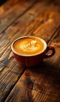 Creamy latte art in a red cup on rustic wood table. A beautifully crafted latte topped with intricate art sits in a red cup on a weathered wooden table. photo