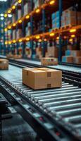 Packages on conveyor in busy hub. A conveyor belt moves boxes efficiently in a bustling distribution center filled with organized shelves and bright lights. photo