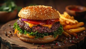 Cheeseburger and fries on wooden table. A delicious cheeseburger with fresh lettuce, tomato, and onions, accompanied by crispy fries, presented on a rustic wooden surface. photo