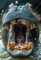 Close-up of a hippo opening its mouth in water. A large hippo is partially submerged in water, displaying its massive mouth with prominent teeth during a sunny day. photo