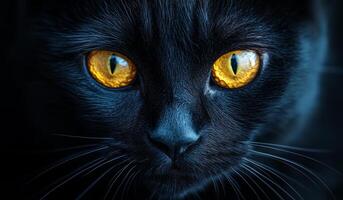 Mysterious black cat with striking yellow eyes. A black cat with captivating yellow eyes gazes intensely, showcasing its sleek fur and enigmatic presence in low light. photo