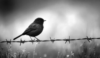 A small bird perched on barbed wire at dawn. A small bird sits quietly on barbed wire, surrounded by soft morning light and a serene black and white backdrop in nature. photo