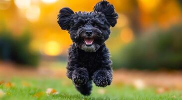 Cheerful black dog running joyfully in autumn park. A playful black dog bounds through a park filled with colorful autumn leaves, radiating happiness in a beautiful outdoor setting. photo