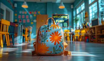 Colorful backpack in a bright classroom setting. A vibrant floral backpack sits on the floor of a sunny classroom filled with cheerful furniture and decorations. photo