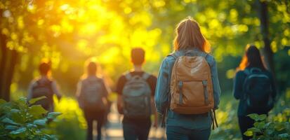 Students walking on a nature trail during sunset. A group of students strolls down a tree-lined path as the sun sets, casting a warm glow through the foliage around them. photo