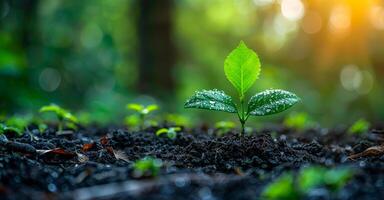 New sapling growing in lush forest at dawn. A fresh sapling emerges from the soil in a vibrant forest, glistening with morning dew as sunlight breaks through the trees. photo