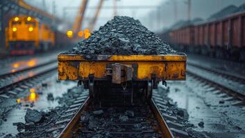 Twilight coal transport at railway yard. A coal-laden freight wagon stands on wet tracks in a busy railway yard, illuminated by soft yellow lights at dusk. photo