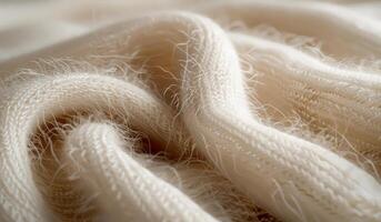 Soft white woolen fabric arranged in gentle folds. This delicate white wool fabric is beautifully textured, showcasing its warmth and intricate weave with soft, flowing folds. photo