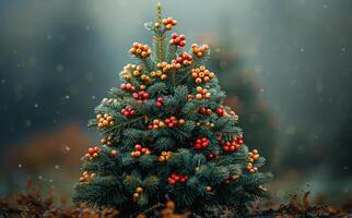 Charming small Christmas tree with berries. A small Christmas tree adorned with vibrant red and orange berries stands amidst a serene landscape while gentle snowflakes fall. photo