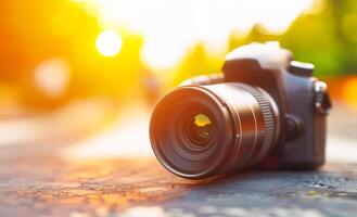 Camera on ground at sunset in park. A digital camera lies on the pavement as the sun sets, casting a warm glow in a tranquil park environment. photo