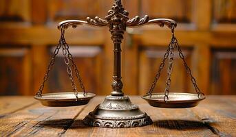 Antique bronze balance scale on a wooden table. An ornate bronze balance scale rests on a rustic wooden table, symbolizing justice and fairness in a serene environment. photo