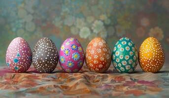 Decorative eggs on fabric background. A line of intricately painted eggs sits on a floral fabric, showcasing vibrant colors and detailed designs, perfect for spring celebrations. photo
