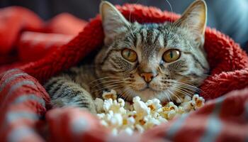A cozy cat enjoying popcorn on a red blanket. A relaxed cat nestled in a warm red blanket, surrounded by popcorn, creates a cozy atmosphere perfect for movie night. photo