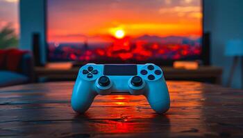 Sunset view, gaming setup. A gaming controller sits on a wooden table, with a vibrant sunset view displayed on a large TV in the background. photo